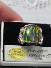 Load image into Gallery viewer, Custom Wire Wrapped Synthetic Peacock Opal Size 5 Sterling Silver