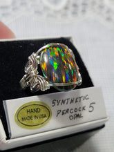 Load image into Gallery viewer, Custom Wire Wrapped Synthetic Peacock Opal Size 5 Sterling Silver