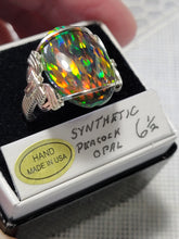 Load image into Gallery viewer, Custom Wire Wrapped Synthetic Peacock Opal Ring Size 6 1/2 Sterling Silver