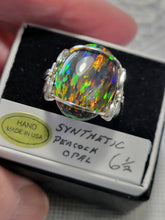Load image into Gallery viewer, Custom Wire Wrapped Synthetic Peacock Opal Ring Size 6 1/2 Sterling Silver
