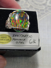 Load image into Gallery viewer, Custom Wire Wrapped Synthetic Peacock Opal Ring Size 6 1/2 Sterling Silver