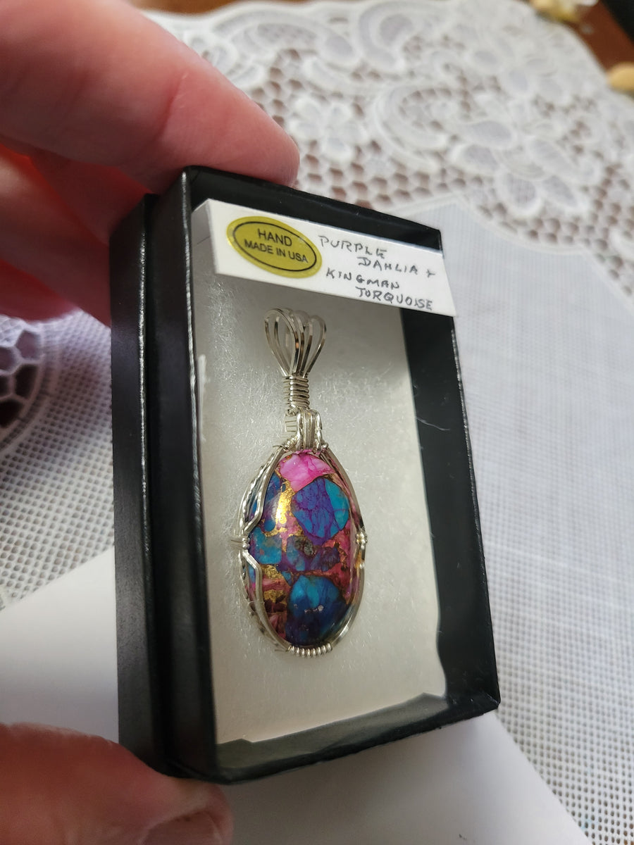 Custom Wire Wrapped Purple Dahlia & Kingman Turquoise Necklace