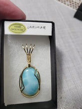 Load image into Gallery viewer, Custom Cut Polished & Wire Wrapped Larimar Necklace/Pendant 14Kgf