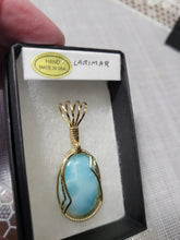 Load image into Gallery viewer, Custom Cut Polished & Wire Wrapped Larimar Necklace/Pendant 14Kgf
