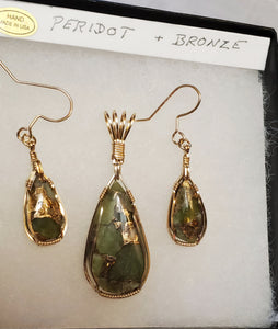 Custom Wire Wrapped Peridot with Bronze set:Earrings, Necklace/Pendant 14kgf
