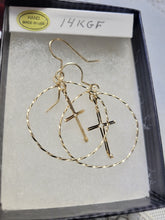 Load image into Gallery viewer, Custom Wire Wrapped Cross Round hoop Earrings in 14kgf