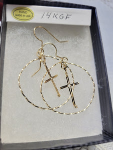 Custom Wire Wrapped Cross Round hoop Earrings in 14kgf