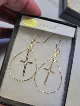 Load image into Gallery viewer, Custom Wire Wrapped Cross Oval Hooped Earrings 14kgf