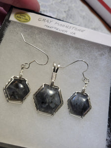 Custom Wire Wrapped Gray Moonstone Montpelier VA Set: Earrings Necklace/Pendant Sterling Silver
