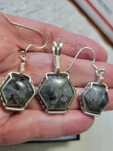 Custom Wire Wrapped Gray Moonstone Montpelier VA Set: Earrings Necklace/Pendant Sterling Silver