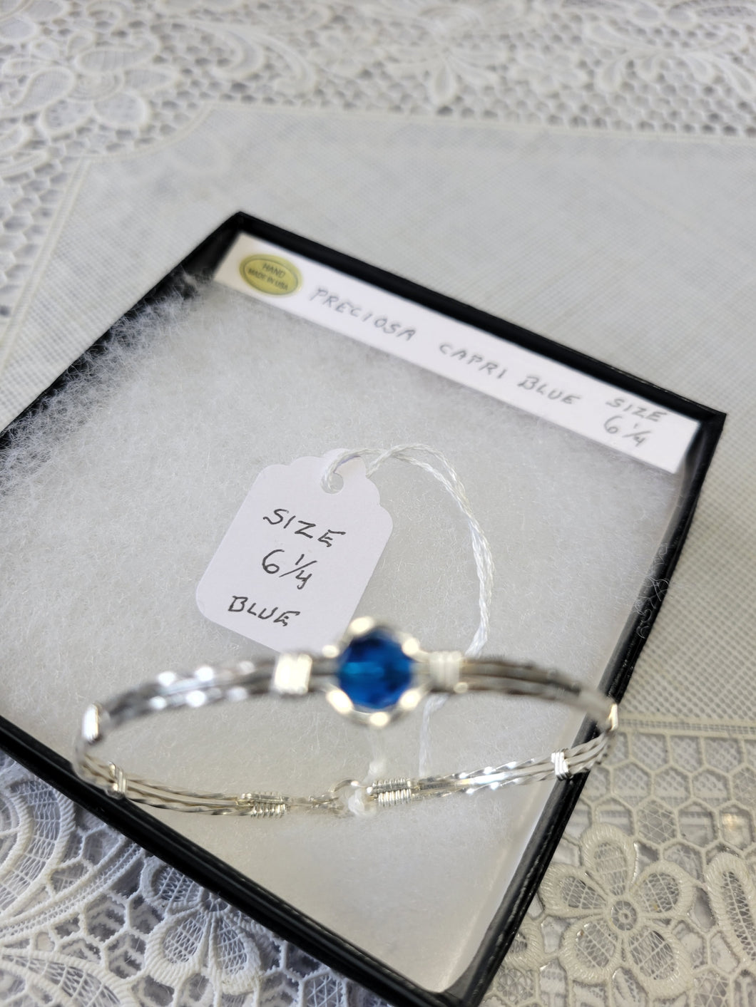 Custom Wire Wrapped Preciosa Blue Bracelet Size 6 1/4 Sterling Silver