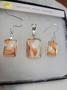 Custom Wire Wrapped Orange Spiny Oyster Set: Earrings Necklace/Pendant Sterling Silver