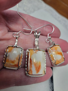 Custom Wire Wrapped Orange Spiny Oyster Set: Earrings Necklace/Pendant Sterling Silver