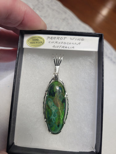Custom Wire Wrapped Parrot Wing Chrysocolla Necklace/Pendant Sterling Silver