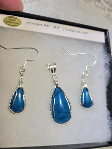 Custom Wire Wrapped Kingman Turquoise Set: Earrings. Necklace/Pendant Sterling Silver