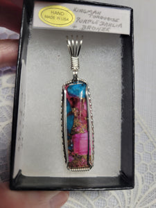 Custom Wire Wrapped Kingman Turquoise Purple Dahlia & Bronze Necklace/Pendant Sterling Silver
