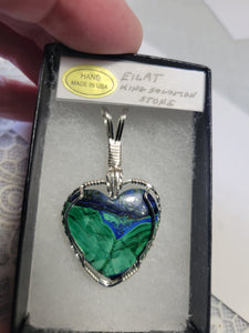 Custom Wire Wrapped Eilat King Solomon Stone Heart Necklace/Pendant Sterling Silver
