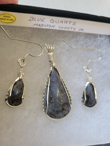 Custom Wire Wrapped Blue Quartz Madison Cty VA Set: Earrings, Necklace/Pendant Sterling Silver