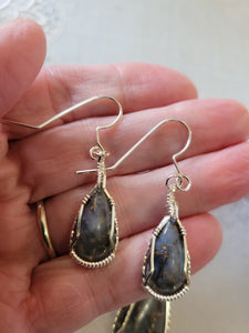 Custom Wire Wrapped Blue Quartz Madison Cty VA Set: Earrings, Necklace/Pendant Sterling Silver