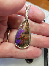 Load image into Gallery viewer, Custom Wire Wrapped Purple Mojave Turquoise Abalone Shell &amp; Bronze Set: Earrings Necklace/Pendant Sterling Silver