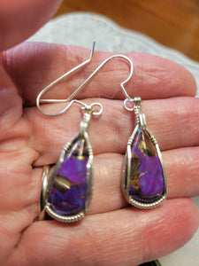 Custom Wire Wrapped Purple Mojave Turquoise Abalone Shell & Bronze Set: Earrings Necklace/Pendant Sterling Silver