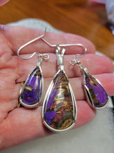 Load image into Gallery viewer, Custom Wire Wrapped Purple Mojave Turquoise Abalone Shell &amp; Bronze Set: Earrings Necklace/Pendant Sterling Silver