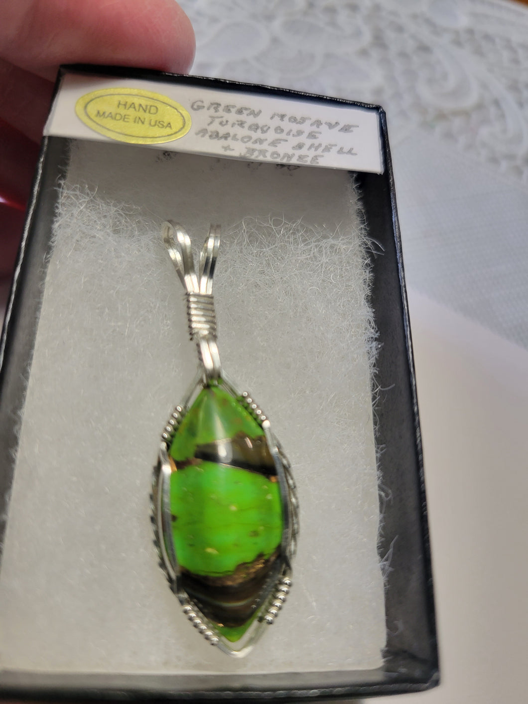 Custom Wire Wrapped Green Mojave Turquoise Abalone Shell & Bronze necklace/Pendant Sterling Silver