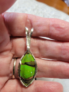 Custom Wire Wrapped Green Mojave Turquoise Abalone Shell & Bronze necklace/Pendant Sterling Silver