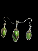 Load image into Gallery viewer, Custom Wire Wrapped Green Mojave Turquoise Abalone Shell &amp; Bronze Set: Earrings, Necklace/Pendant Sterling Silver