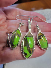 Load image into Gallery viewer, Custom Wire Wrapped Green Mojave Turquoise Abalone Shell &amp; Bronze Set: Earrings, Necklace/Pendant Sterling Silver