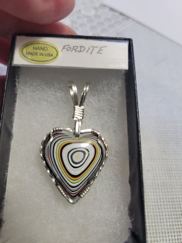 Custom Wire Wrapped Fordite Heart Necklace/Pendant Sterling Silver