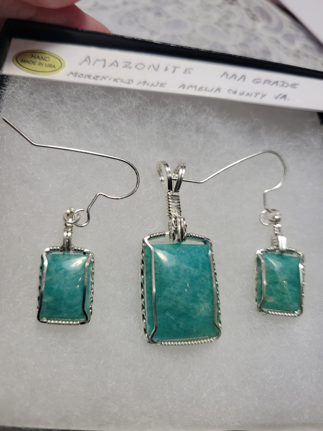 Custom Wire Wrapped Amazonite Morefield Mine Amelia Cty VA Set Earrings. Necklace/Pendant Sterling Silver