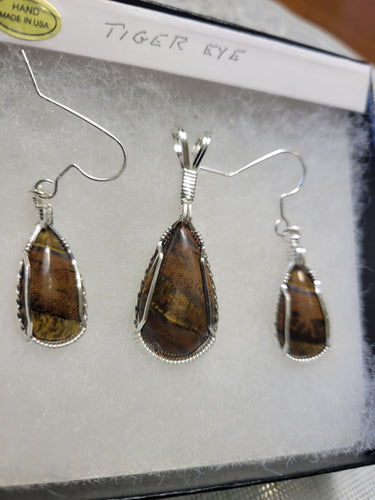 Custom Custom Cut Polished & Wire Wrapped Tiger*s Eye Set: Earrings Necklace/Pendant Sterling Silver