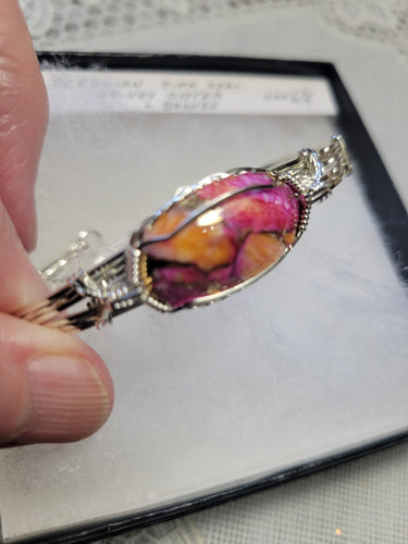 Custom Cut Polished & Wire Wrapped Peruvian Pink Opal Spiney Oyster & Bronze Bracelet Size 6 3/4 Sterling Silver