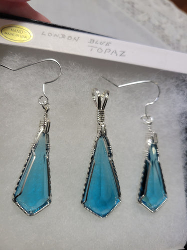 Custom Wire Wrapped Faceted London Blue Topaz Set: Necklace/Pendant Earrings Sterling Silver