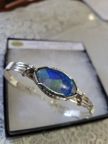 Custom Wire Wrapped Mosaic Australian Opal Bracelet Size 7 1/2 Sterling Silver