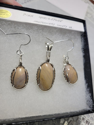 Custom Wire Wrapped Polished Pink Hokie Stone from Virginia Tech Quarry Set: Earrings, Necklace/Pendant Sterling Silver