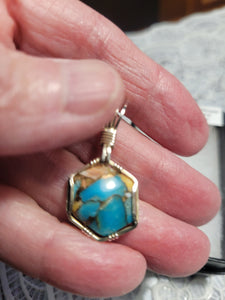 Custom Wire Wrapped Kingman Turquoise Spiney Oyster & Bronze Necklace/Pendant Sterling Silver