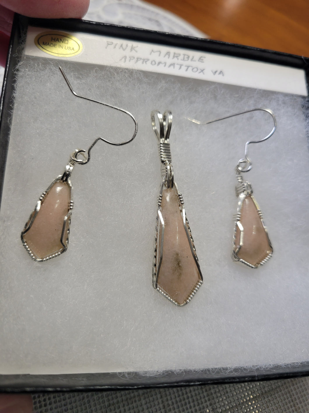 Custom Wire Wrapped Pink Marble Appomattox, VA Set Necklace/Pendant Earrings in Sterling Silver
