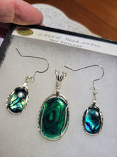 Load image into Gallery viewer, Custom Wire Wrapped Green Paua Shell Set: Necklace/Pendant  Earrings in Sterling Silver