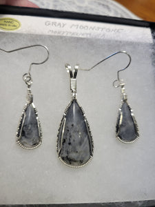 Custom Wire Wrapped Gray Moonstone Montpelier VA Set: Necklace/Pendant Earrings Sterling Silver