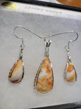 Load image into Gallery viewer, Custom Cut Polished &amp; Wire Wrapped Orange Spiney Oyster Set: Necklace/Pendant Earrings in Sterling Silver