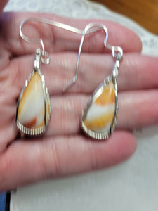Custom Cut Polished & Wire Wrapped Orange Spiney Oyster Set: Necklace/Pendant Earrings in Sterling Silver