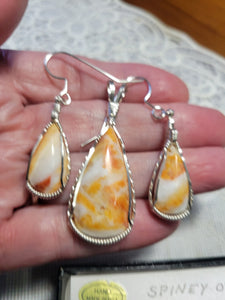 Custom Cut Polished & Wire Wrapped Orange Spiney Oyster Set: Necklace/Pendant Earrings in Sterling Silver