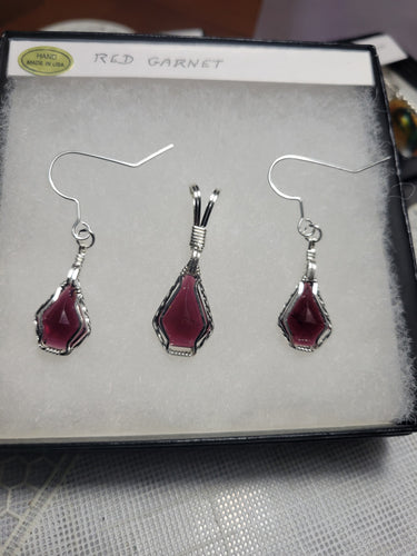 Custom Wire Wrapped Faceted Red Garnet Set: Necklace/Pendant & Earrings Sterling Silver