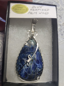 Custom Wire Wrapped Blue Agatized Palm Wood Necklace/Pendant Sterling Silver