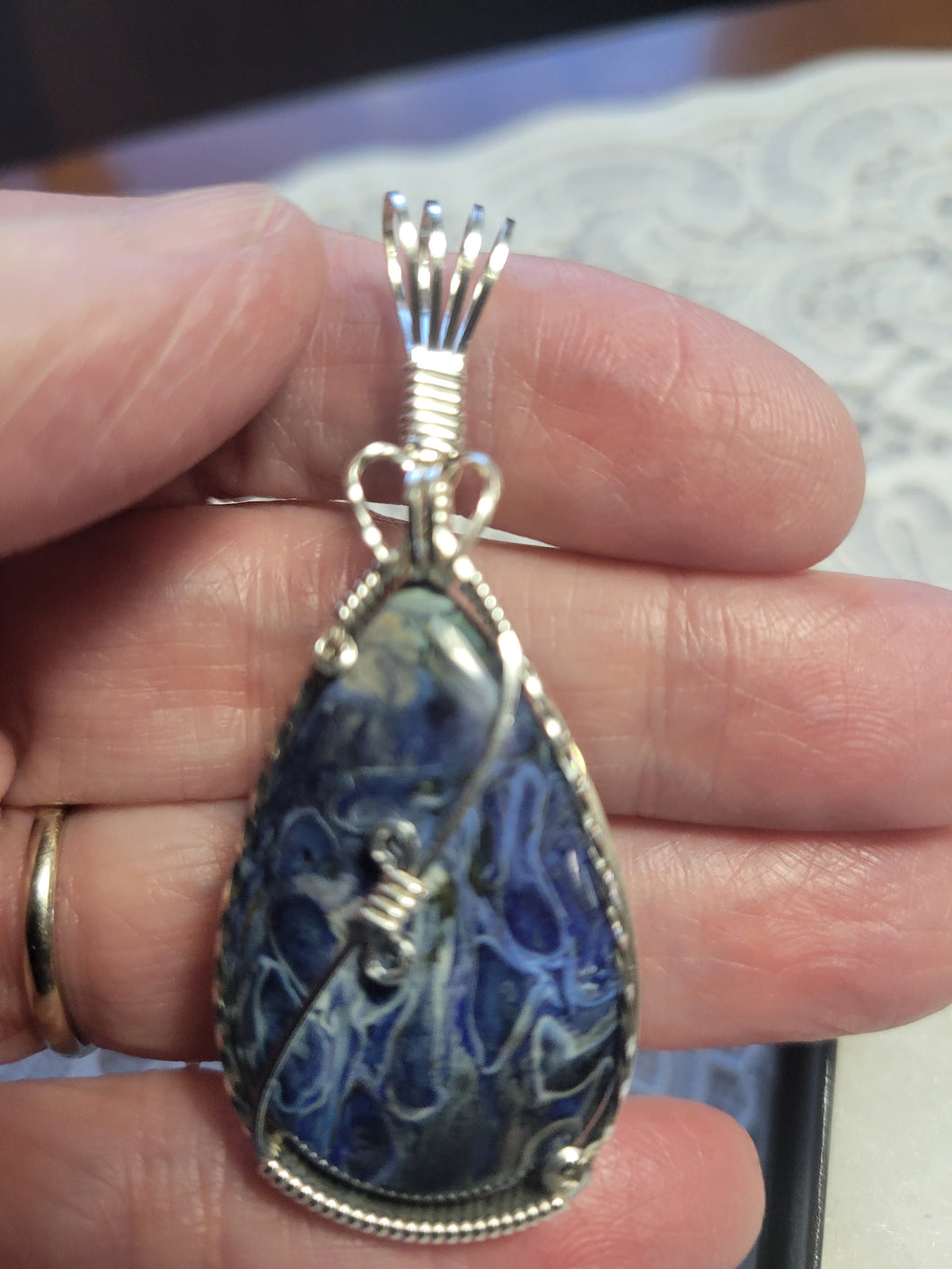 Custom Wire Wrapped Blue Agatized Palm Wood Necklace/Pendant Sterling Silver