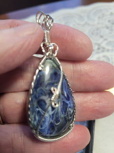 Custom Wire Wrapped Blue Agatized Palm Wood Necklace/Pendant Sterling Silver