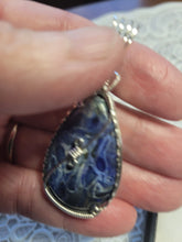 Load image into Gallery viewer, Custom Wire Wrapped Blue Agatized Palm Wood Necklace/Pendant Sterling Silver