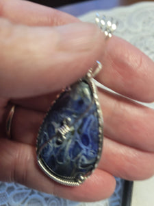 Custom Wire Wrapped Blue Agatized Palm Wood Necklace/Pendant Sterling Silver